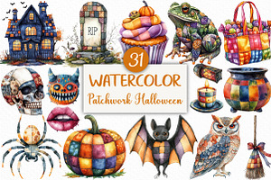 Watercolor Patchwork Halloween PNG, an Illustration by Craft Nest