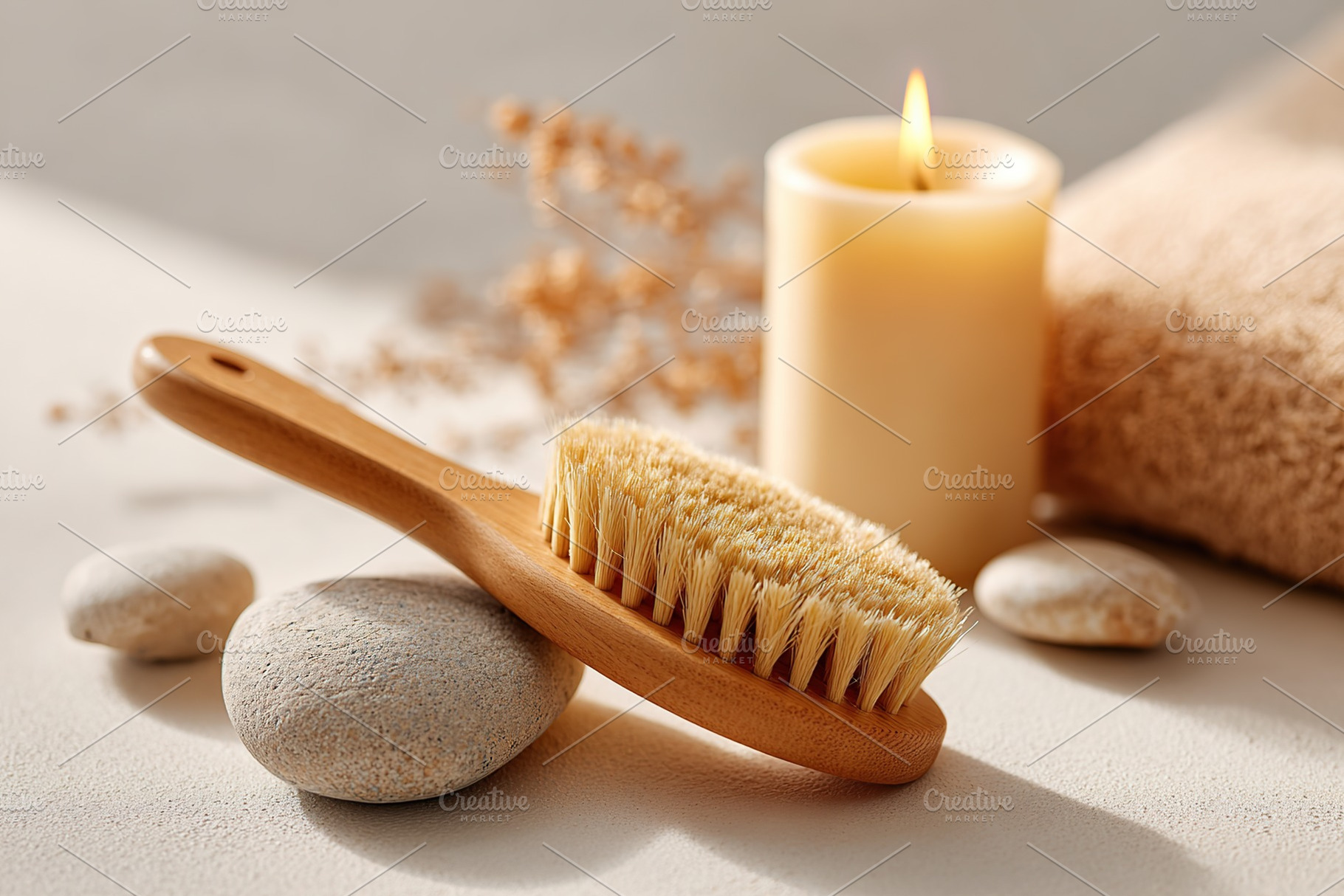 Soft bristle brush on a serene spa setting with candle and stones, a Photo by AlyaAnd