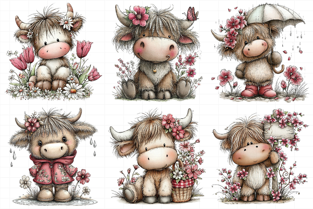 Whimsical Spring Highland Cow Clipar, an Illustration by Daily.Designs (Photo 4 of 8)