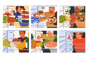 People look for food in fridge set, a Food Illustration by Good Studio