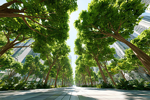 Lush green tree-lined pathway in a modern urban environment during daylight hou, a Photo by AlyaAnd