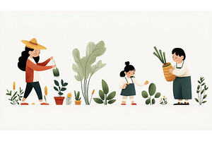 Illustration of a family gardening, an Illustration by Sergey Kotenev