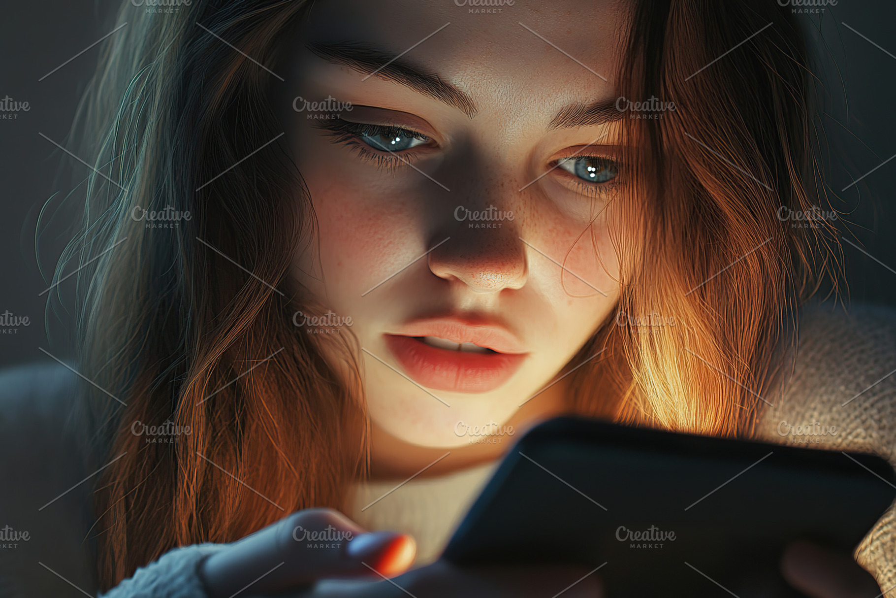 Young woman holding and using smartphone in dark room, a Person Photo by AlyaAnd