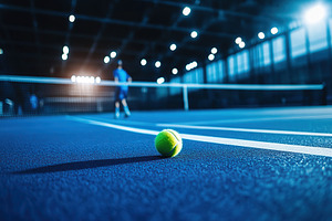 Closeup view of a tennis ball on blue tennis court, a Photo by AlyaAnd