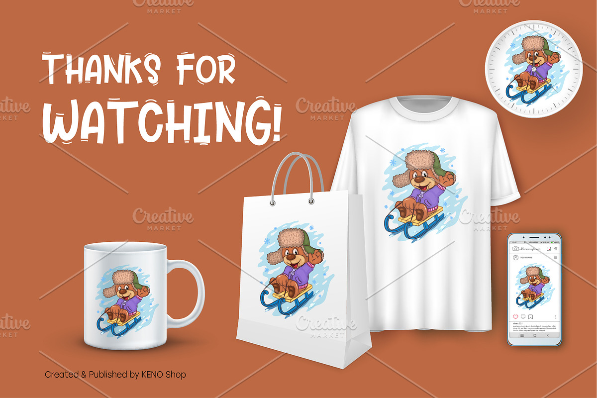 Cartoon Teddy Bear Sledding. T-Shirt, an Animal Illustration by KENO Mascots (Photo 3 of 3)