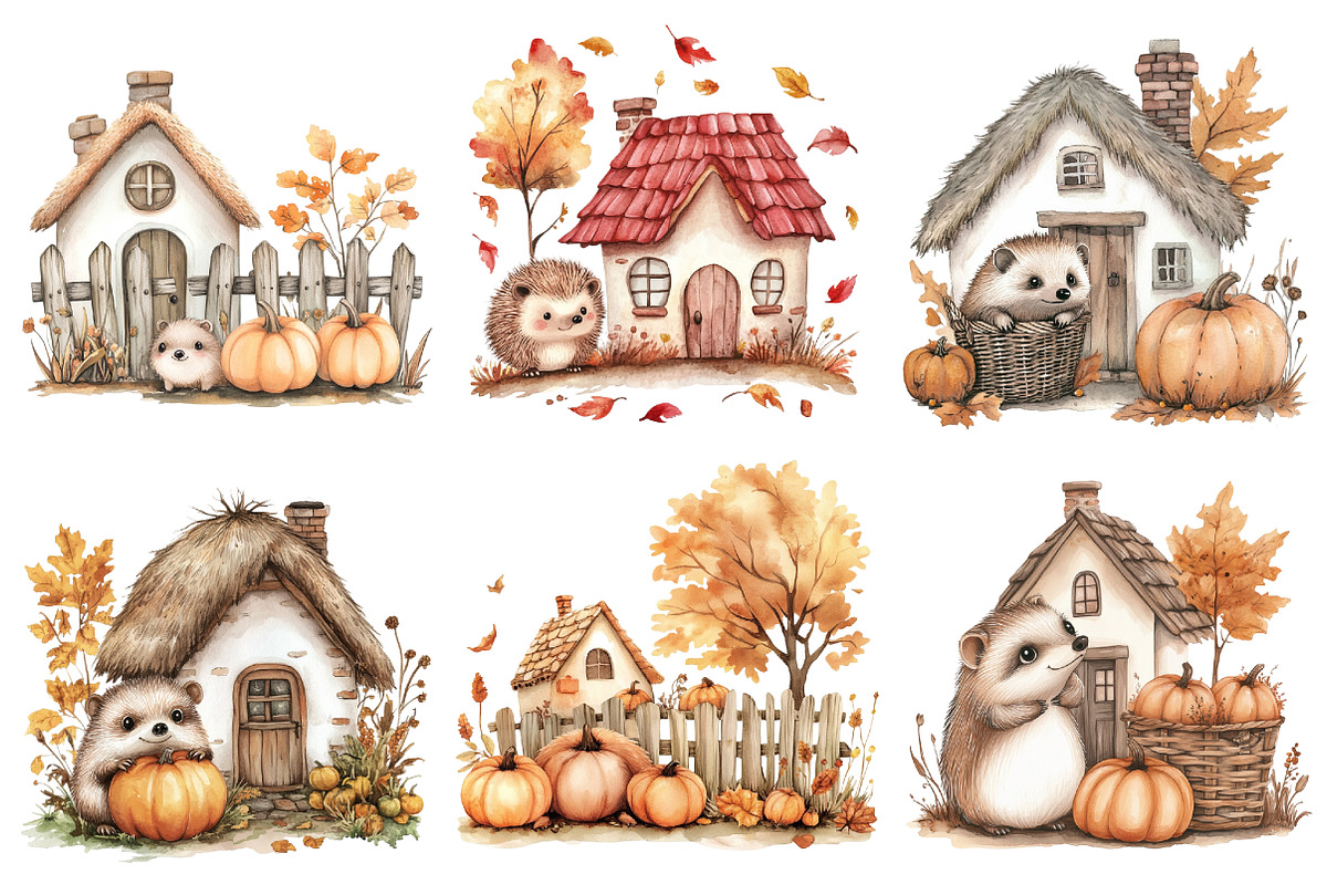 Autumn Hedgehog with House Clipart, an Illustration by CitraGraphics (Photo 2 of 6)