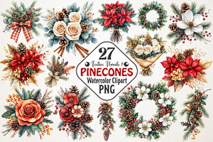 Festive Florals & Pinecones Clipart, an Illustration by RobertsArt
