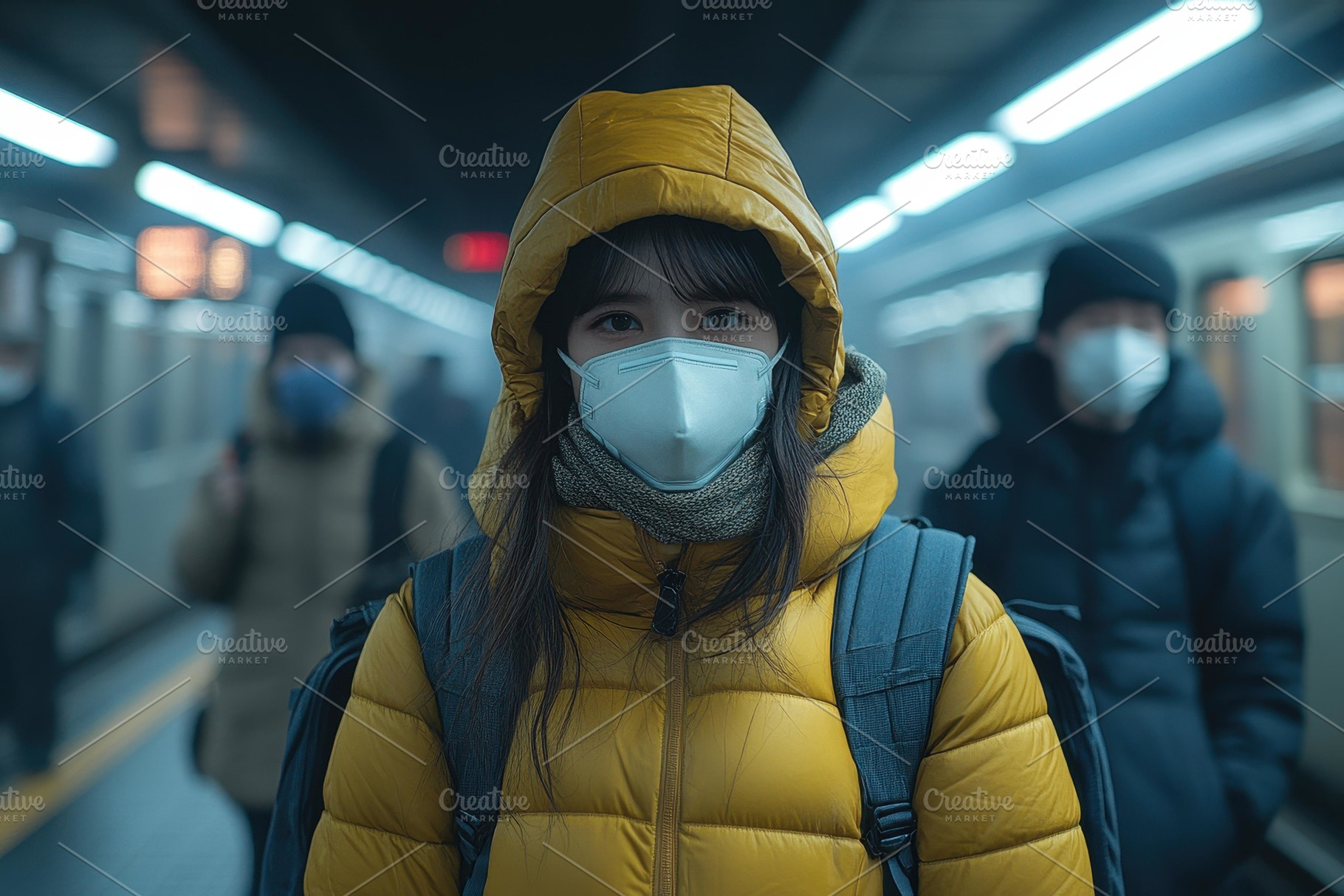 Woman in yellow jacket waits at subw, a Photo by Tanuart
