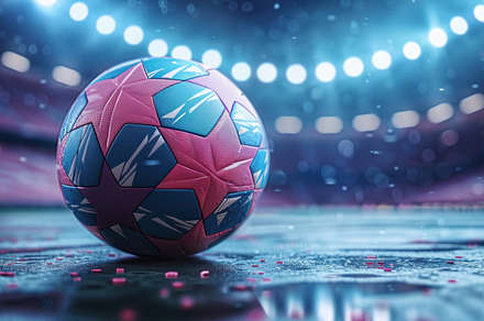 Geometric Pattern Soccer Ball on a Wet Stadium Field with Bright Lights Generat, an Industrial Photo by José Manuel Gelpi