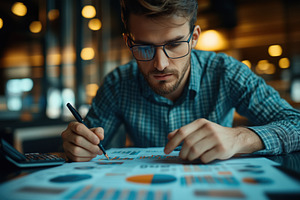 A focused young accountant man in glasses analyzing charts and graphs on paper,, a Person Photo by Textures & Backgrounds