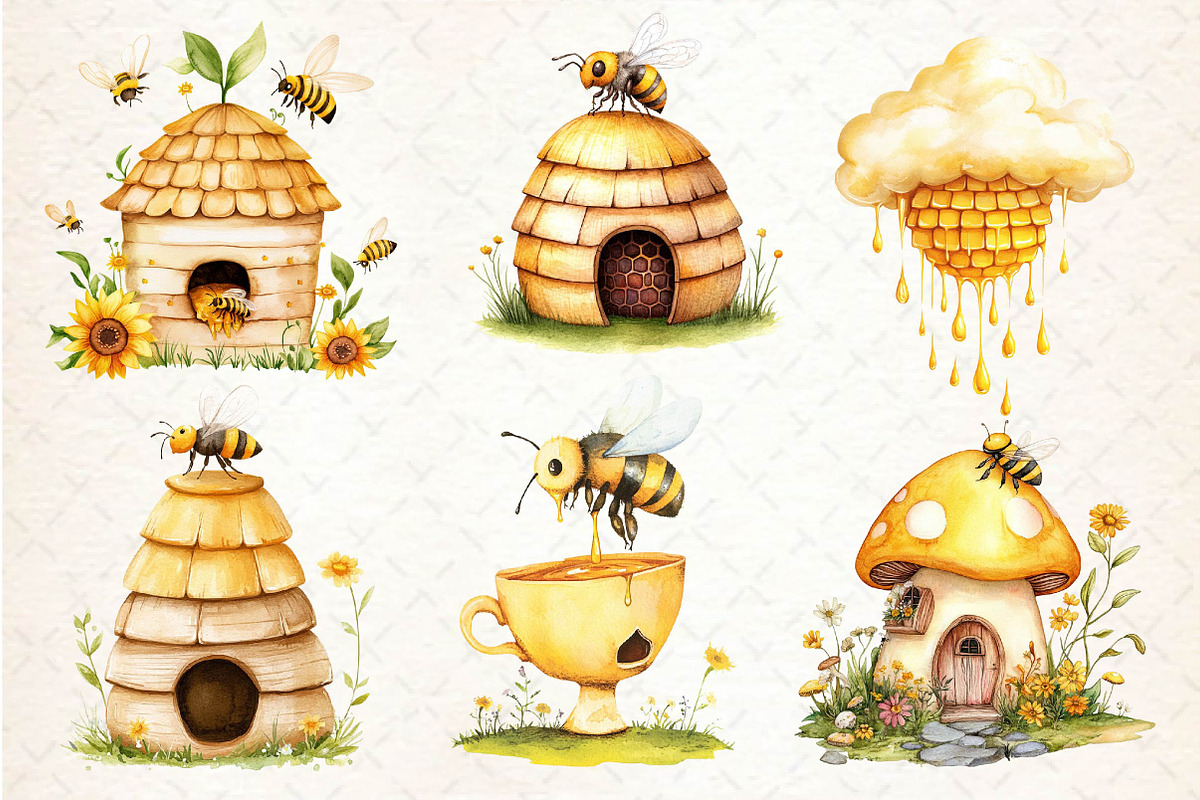 Watercolor Bee Home Clipart, an Illustration by Dream Creation (Photo 3 of 6)