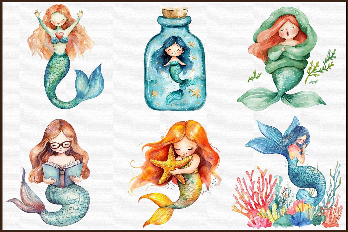 Cute Mermaid Watercolor Clipart, an Illustration by Sublimation Artist (Photo 3 of 6)