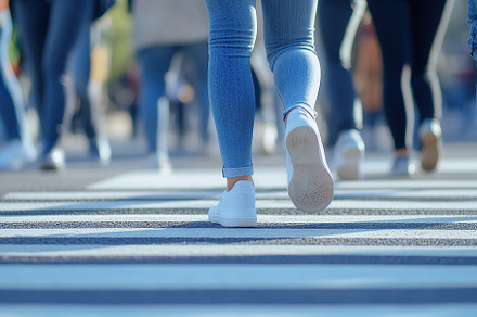 Closeup of people legs crossing the street on the crosswalk, a Person Photo by AlyaAnd