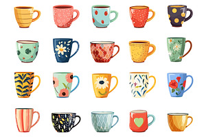 Modern Cups Set. Colored Mugs With