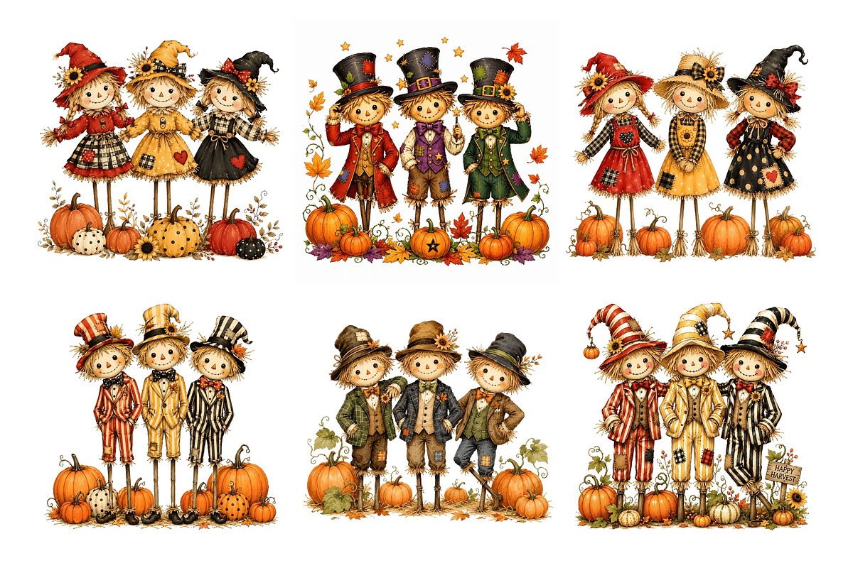 Trio Scarecrow PNG Clipart Bundle, a Seasonal Illustration by Nicolle's Colorful Art (Photo 5 of 8)
