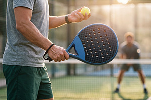 Close up of male padel player preparing to serve ball on court., a Sports & Recreation Photo by Volff