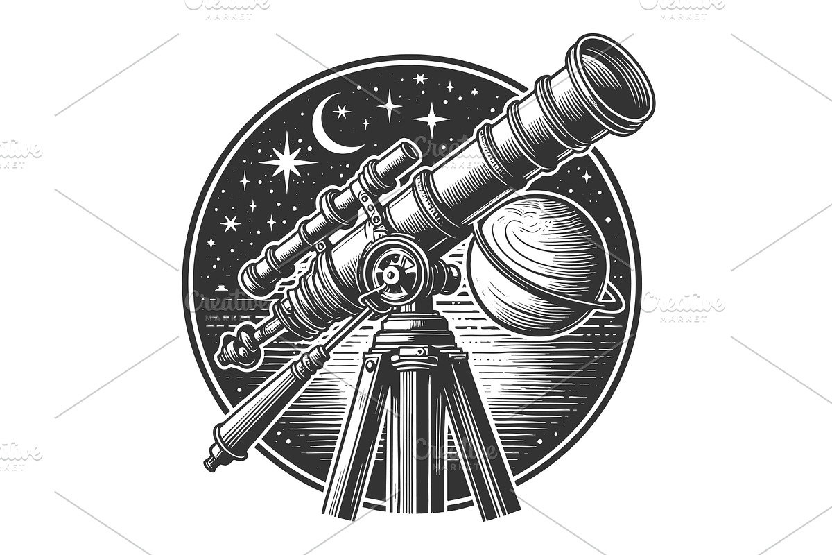 telescope with night sky and planets, an Illustration by AlexArt