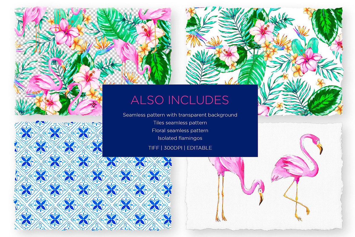 Pink flamingos watercolor patterns, a Pattern Graphic by Laura Camoe (Photo 3 of 4)