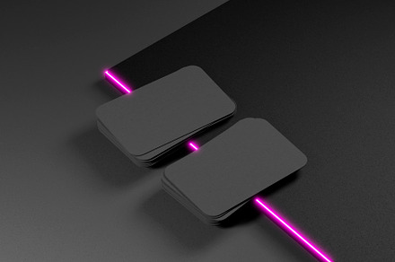 Two blank black business cards on the neon edge. 3d illustration, a Business Photo by RF Images