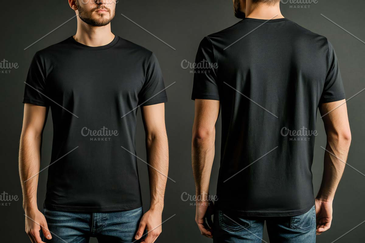 plain black t-shirt, front and back, a Shirt Mockup by VetalStock (Photo 1 of 3)