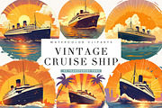 Vintage Cruise Ship Sunset Clipart, a Transportation Illustration by BusyDaydesign (Thumbnail 1 of 9)