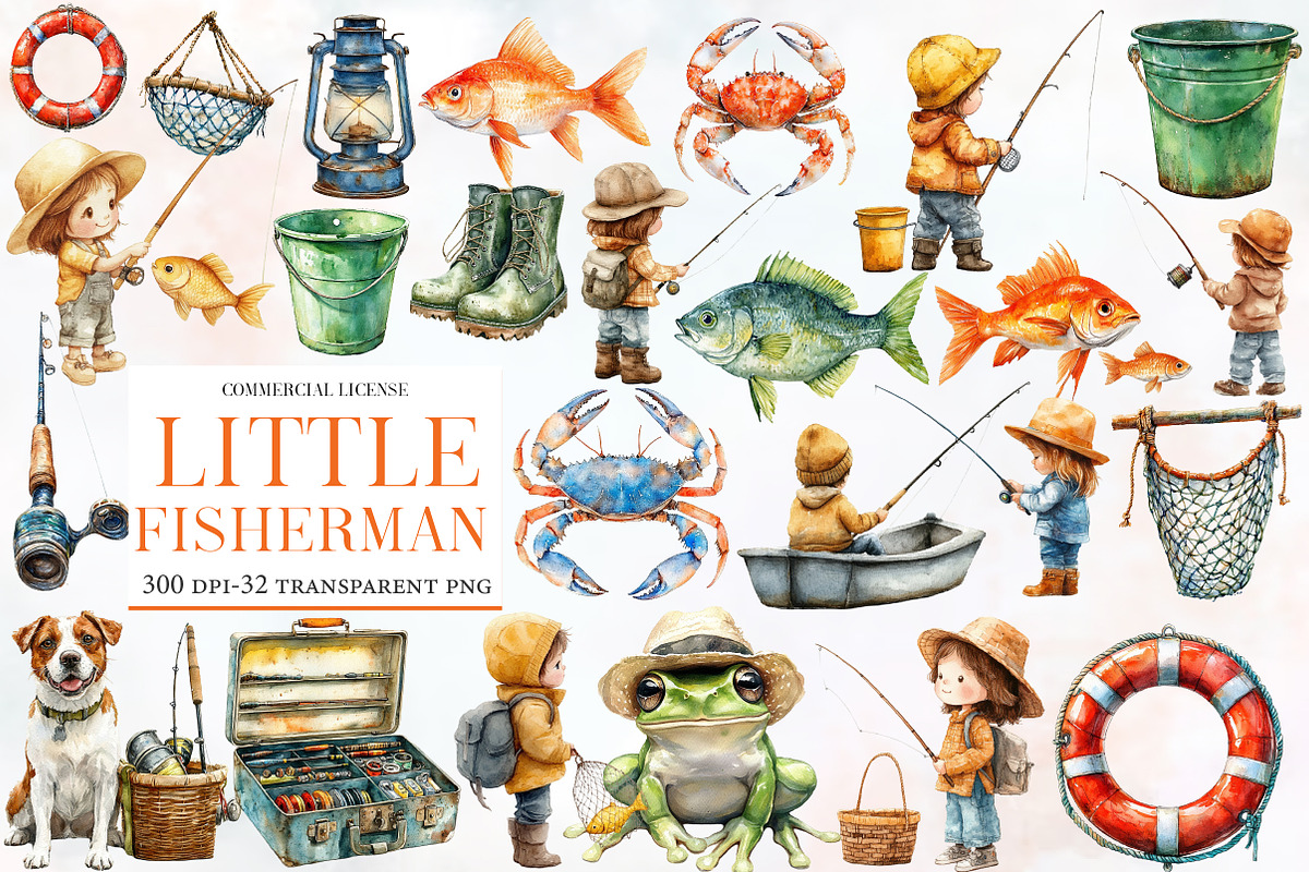 Little Fisherman Watercolor Clipart, an Illustration by Designworld (Photo 1 of 5)