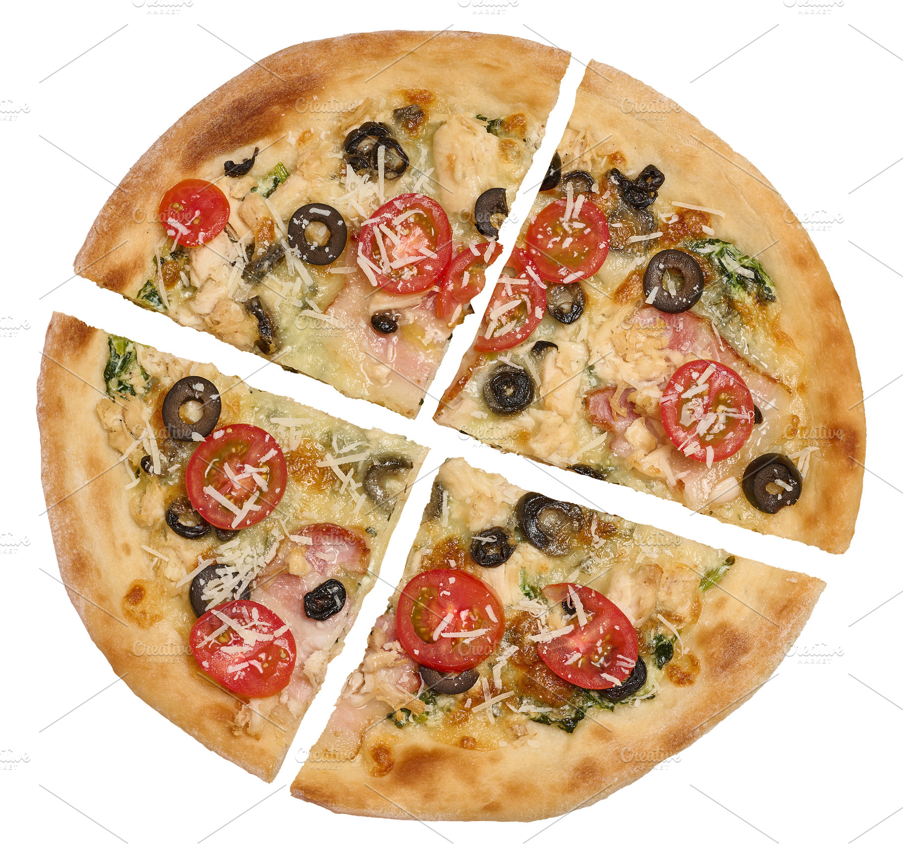 Round pizza cut into four pieces with tomato, olive, chicken, ba, a Food & Drink Photo by ndanko