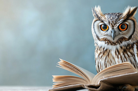 Little owl with open book on gray, a School & Education Photo by MistyDay