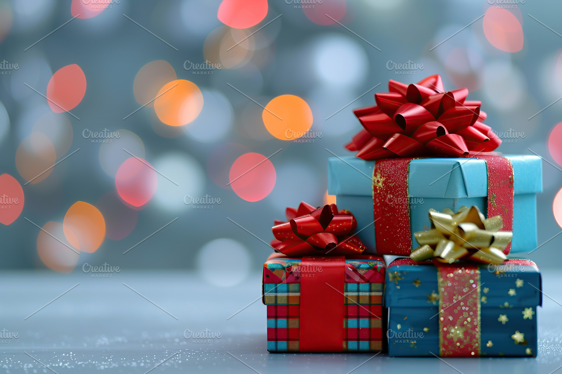 Colorful christmas gift boxes with ribbon bows on blurred lights background, a Holiday Photo by AlyaAnd