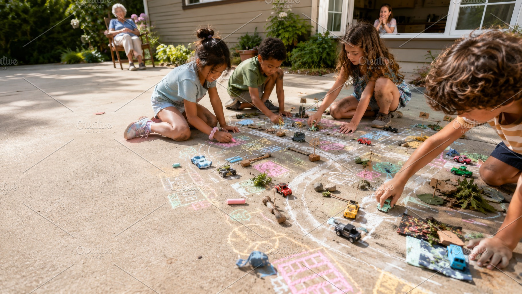 Children playing outside with toy ca, a Photo by Dvoevnore photos
