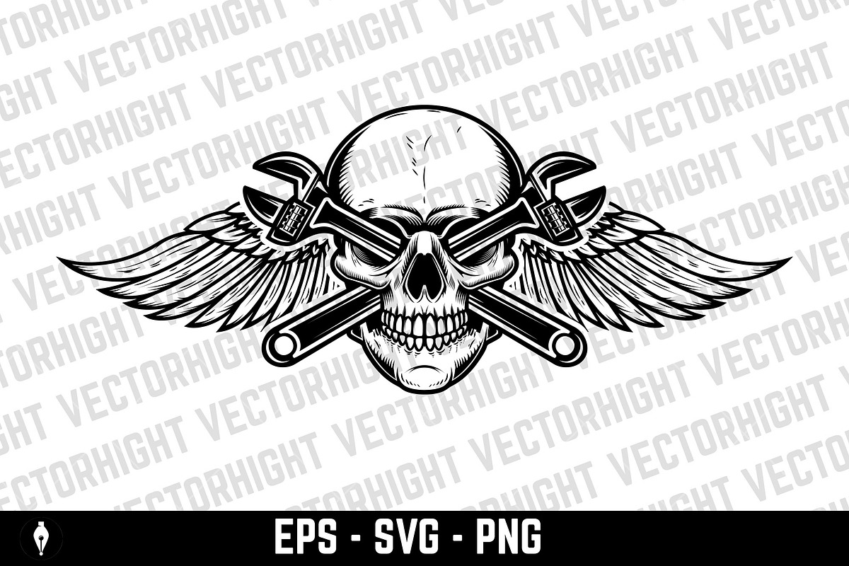 Winged human skull with wrench, a Person Illustration by Vectorhight