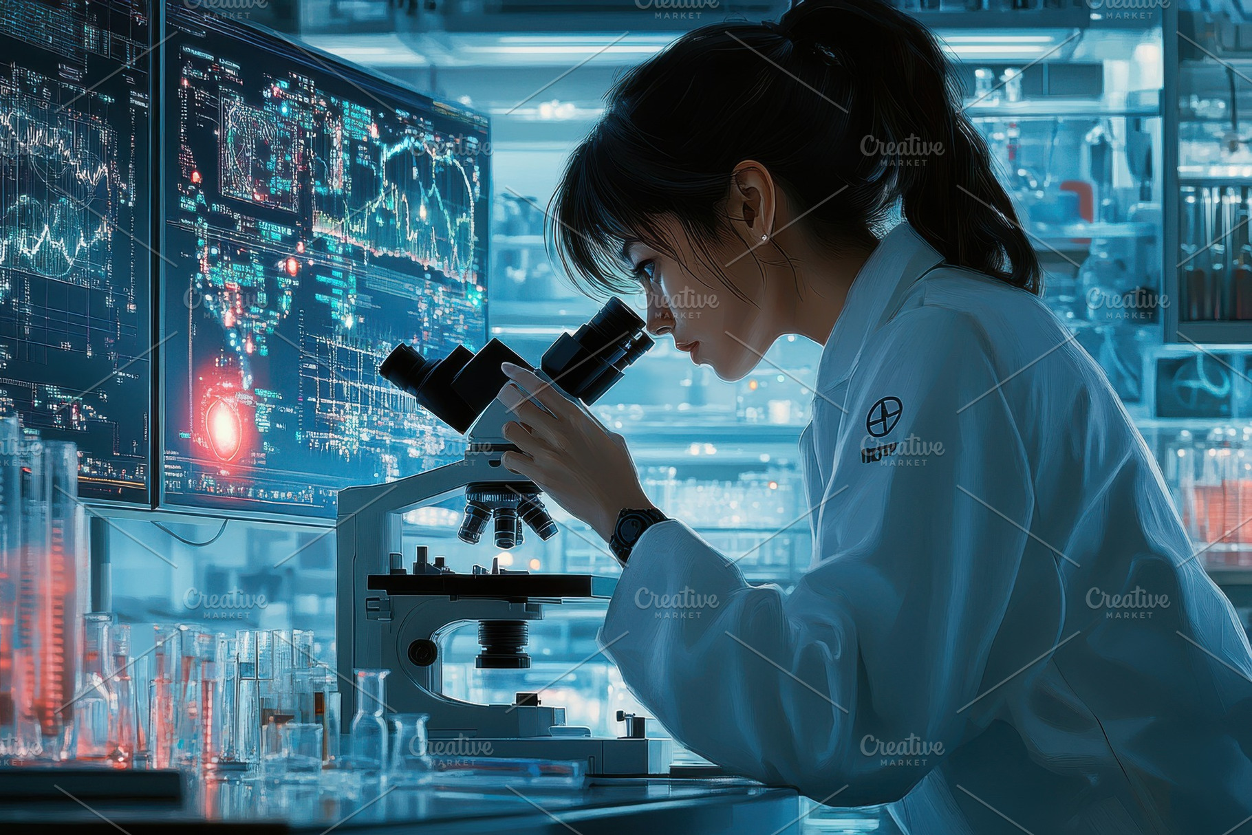 Scientist using a microscope in a fu, a Health & Medical Photo by Pixeness Studio