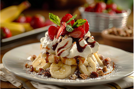 Waffles being topped with whipped, a Food & Drink Photo by Ylivdesign