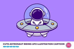 Cute Astronaut Riding UFO Cartoon