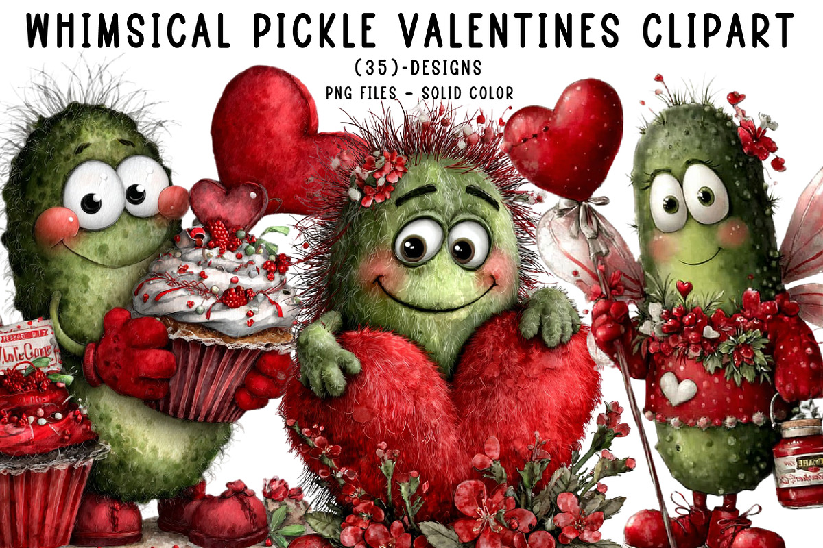 Whimsical Pickle Valentines Clipart, an Illustration by CreationArt (Photo 1 of 5)