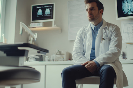 Focused Doctor Analyzing Brain Scans in a Modern Medical Office, an Abstract Photo by Natalia Klenova's Shop
