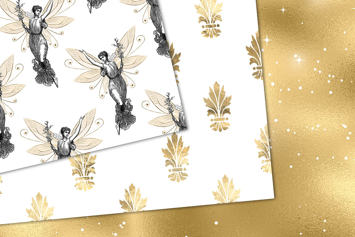 White and Gold Fairy Digital Paper, a Pattern Graphic by Digital Curio