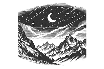 Night Sky Over Mountain Landscape, an Illustration by AlexArt
