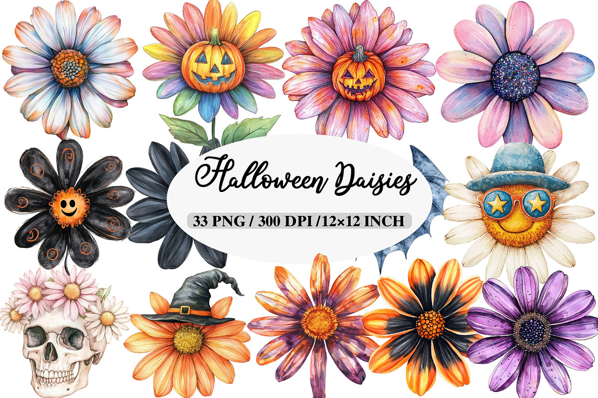 Watercolor Groovy Halloween Daisies, an Illustration by Daily.Designs (Photo 1 of 5)
