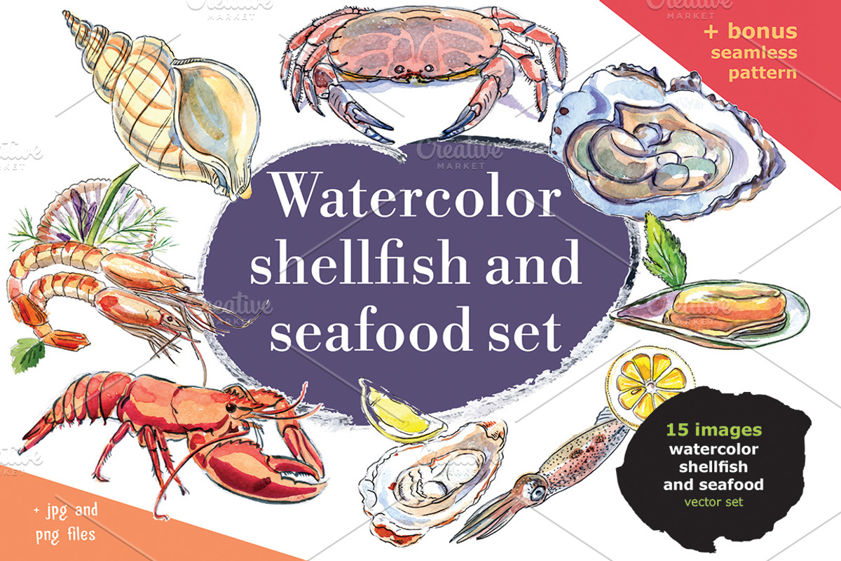 Watercolor shellfish set, an Animal Illustration by miminoshka (Photo 1 of 7)