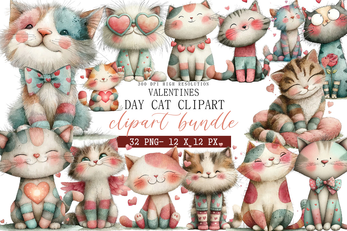 Valentine Day Cat Clipart, an Illustration by DreamArtGraphic (Photo 1 of 4)
