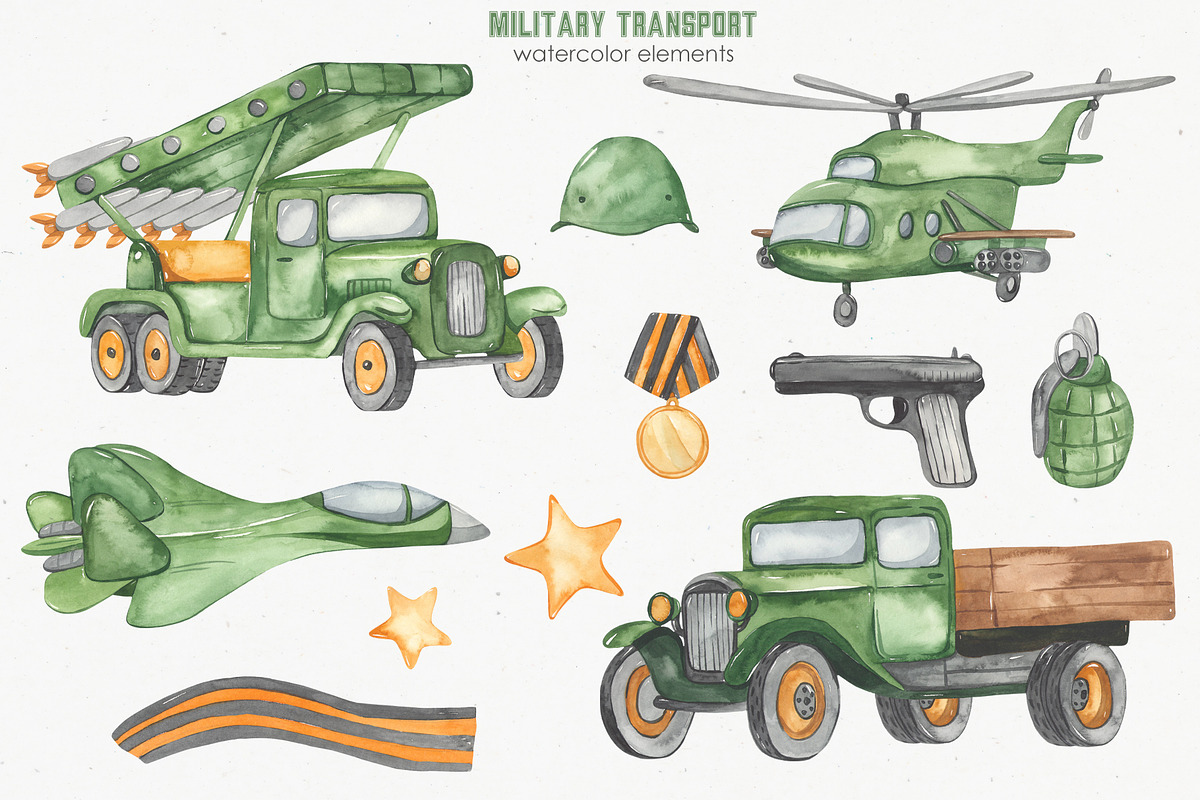 Military transport watercolor, a Transportation Illustration by Marina Ermakova (Photo 3 of 9)