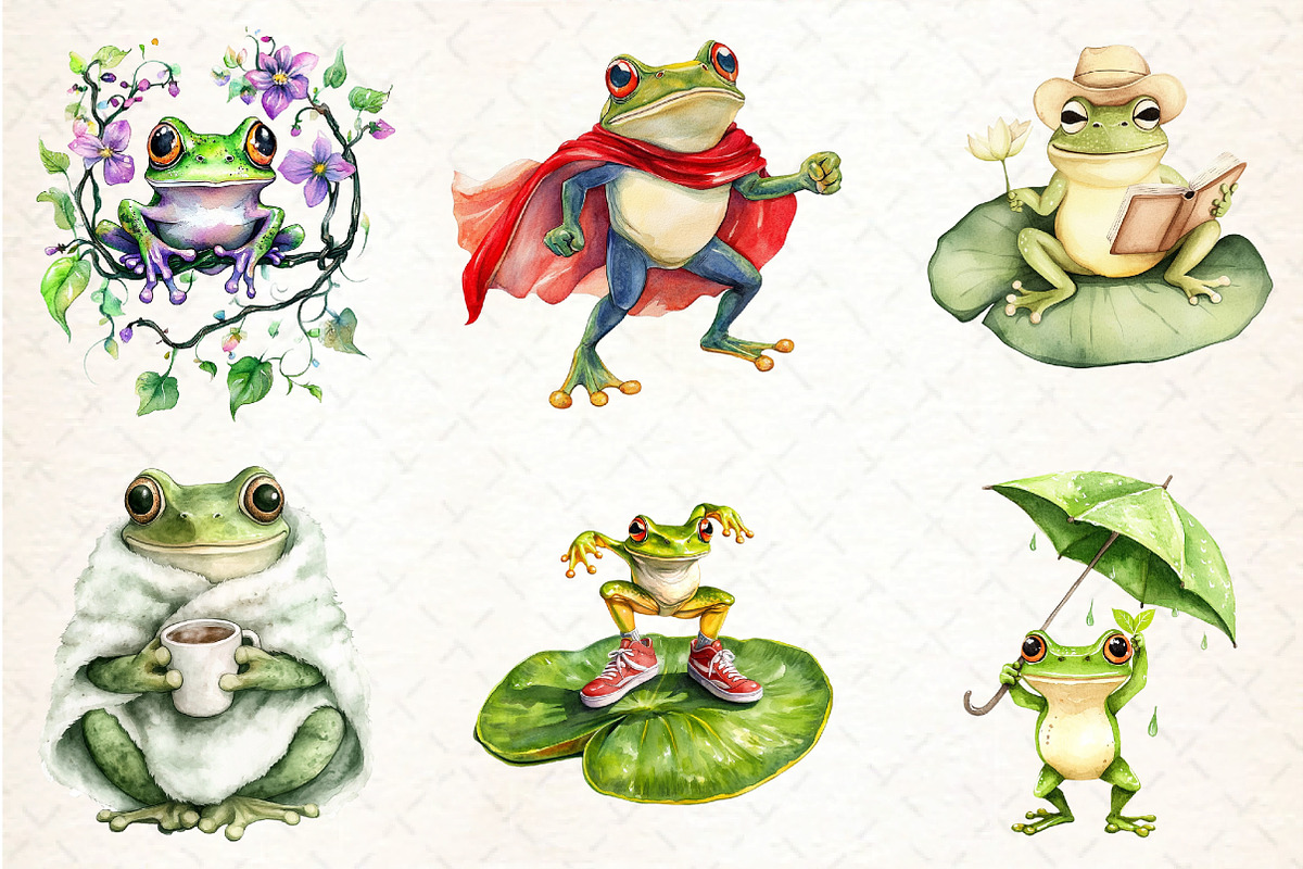 Quirky Frog Clipart, Funny Frog Art,, an Illustration by DreamCafeArt (Photo 2 of 6)