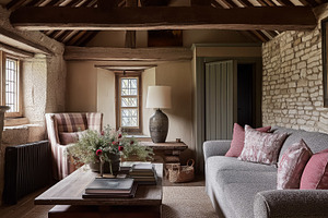 Cozy living room interior with rustic stone walls, wooden beams, and traditiona, an Architecture Photo by Studio ANNA