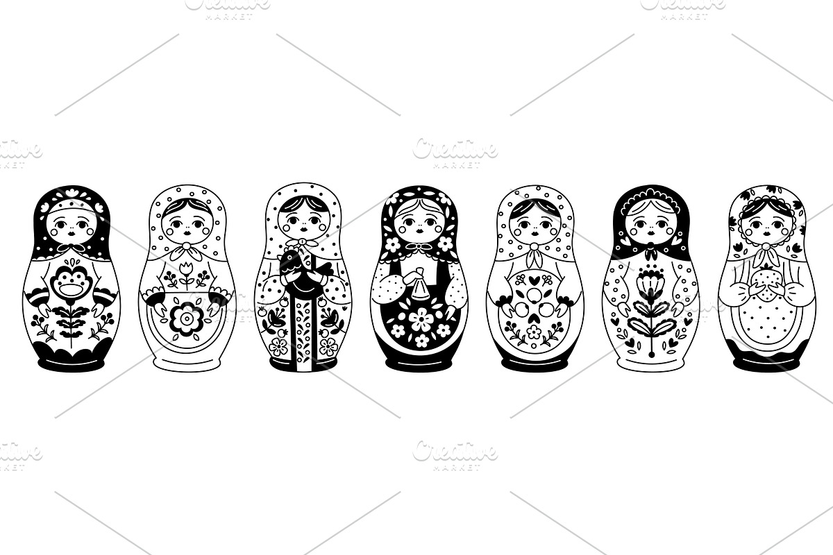 Matryoshka doll icons. Engraving, an Object Illustration by YummyBuum
