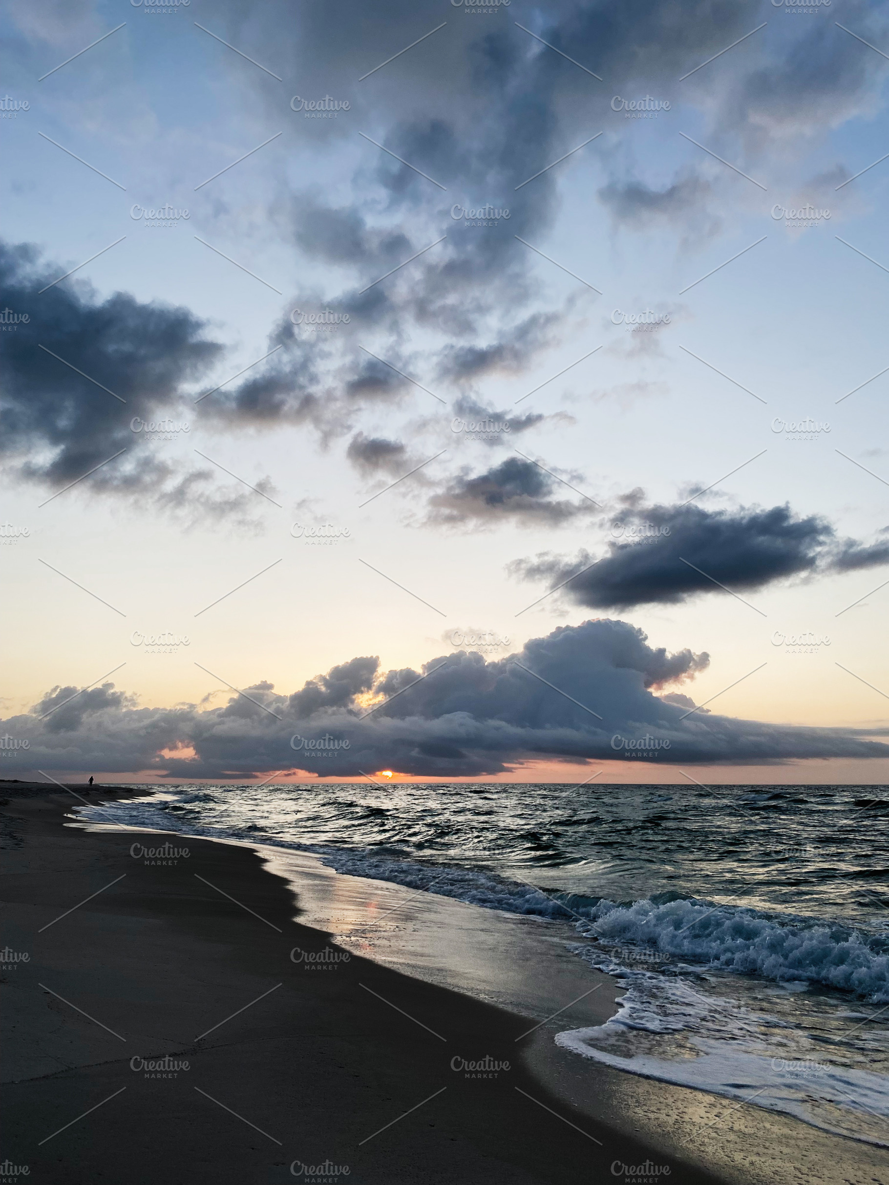 Sunset over Florida Pensacola beach with gentle waves and dramatic clouds along, a Nature Photo by AS photostudio