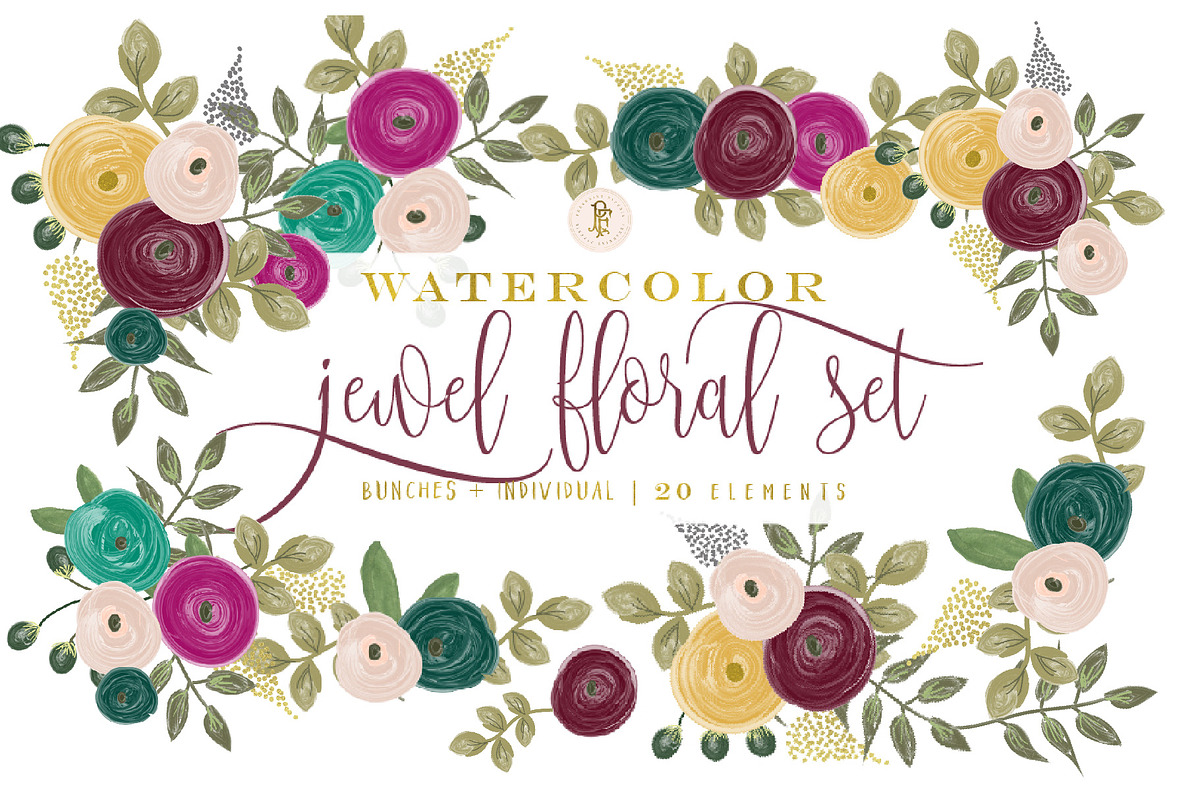 Jewel tone watercolor floral clipart, an Illustration by Freshmint Paperie (Photo 1 of 3)