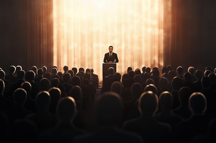 A speaker delivers an insightful, a Photo by Pavel_design