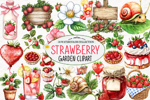 Strawberry Garden Clipart, an Illustration by Watercolor design