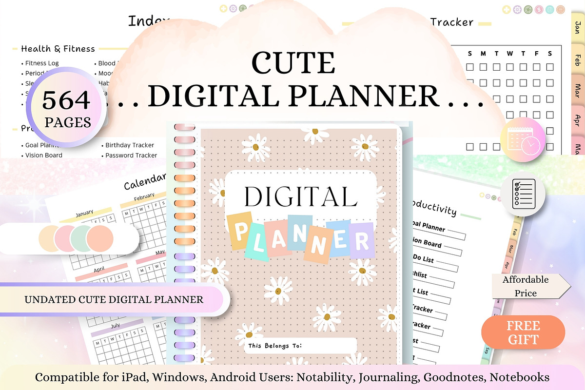Cute Undated Digital Planner, a Stationery Template by Tas Creative Studio